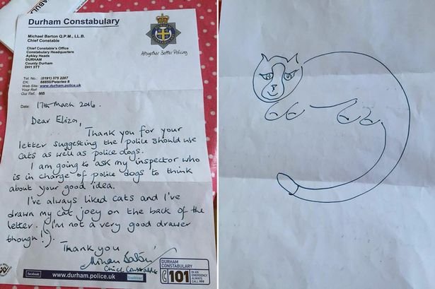Chief Constable Barton drew a picture of his own cat Joey for Eliza
