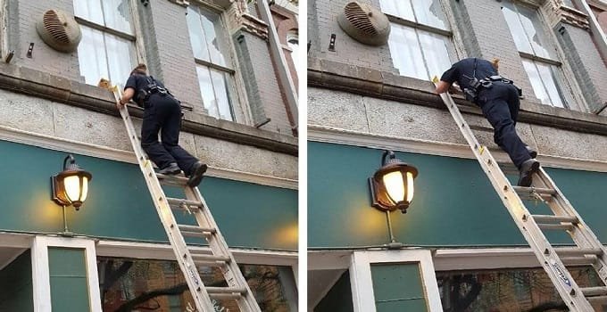 Bangor Police say Officer Shannon Davis is a friend to all creatures so she scampered up a ladder to retrieve Snacks. (CTSY: Bangor Police Department)
