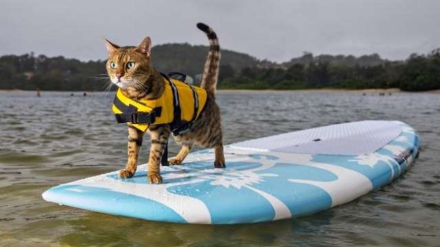 Calypso the Bengal Cat Loves to Cruise On Her Paddleboard!